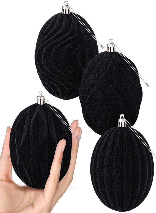 Blueweenly 4 Pcs 4 Inch Black Large Velvet Christmas Ball Ornaments Vintage Christmas Plastic Ball Ornaments Flocked Tree Hanging Decoration for Xmas Party Wedding Home Decor - Image 1